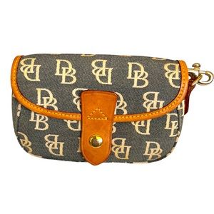 Dooney & Bourke Canvas Wristlet Pouch Leather Trim Monogrammed Gray Tan